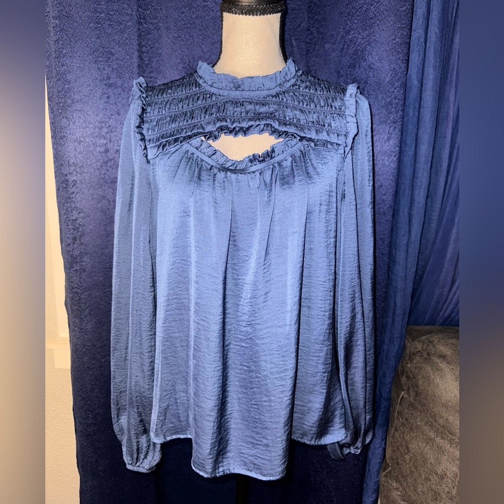 Skies Are Blue Ruffled Keyhole Blouse